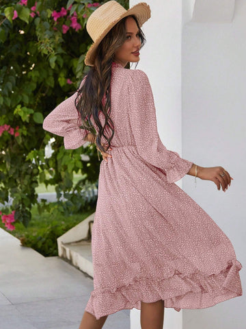 Floral Print V-Neck Dress With Ruffle Hem And Trim