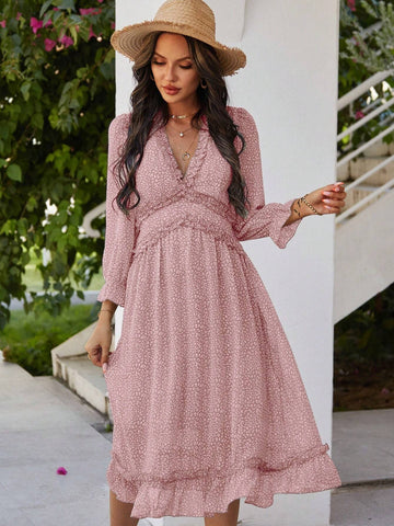Floral Print V-Neck Dress With Ruffle Hem And Trim