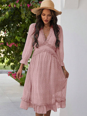 Floral Print V-Neck Dress With Ruffle Hem And Trim