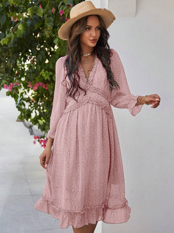Floral Print V-Neck Dress With Ruffle Hem And Trim