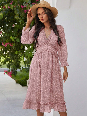 Floral Print V-Neck Dress With Ruffle Hem And Trim