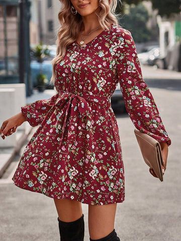 Floral Print V-Neck Long Sleeve Midi Dress With Waist Belt
