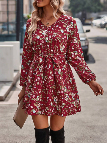 Floral Print V-Neck Long Sleeve Midi Dress With Waist Belt