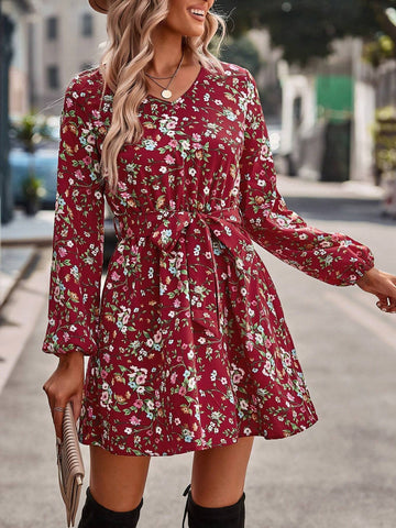 Floral Print V-Neck Long Sleeve Midi Dress With Waist Belt