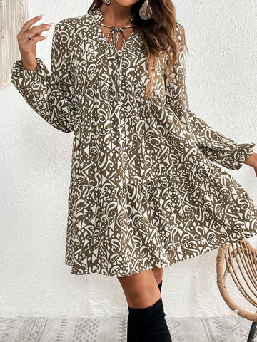 Floral Print V-Neck Long Sleeve Short Dress For Women