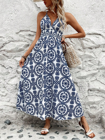 Floral Print V-Neck Loose Fit Strappy Dress