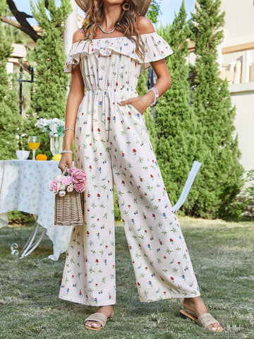 Floral Print Vacation Style Off Shoulder Jumpsuit For Women Country