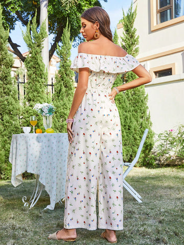 Floral Print Vacation Style Off Shoulder Jumpsuit For Women Country