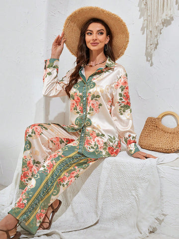 Floral Printed Button-Up Shirt And Pants Set