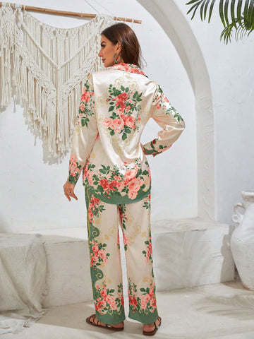 Floral Printed Button-Up Shirt And Pants Set