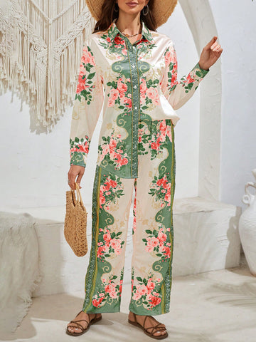 Floral Printed Button-Up Shirt And Pants Set