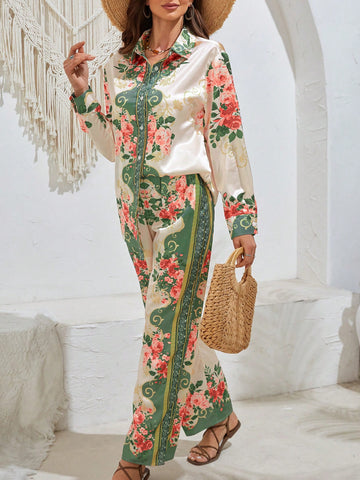 Floral Printed Button-Up Shirt And Pants Set