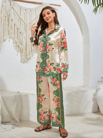Floral Printed Button-Up Shirt And Pants Set