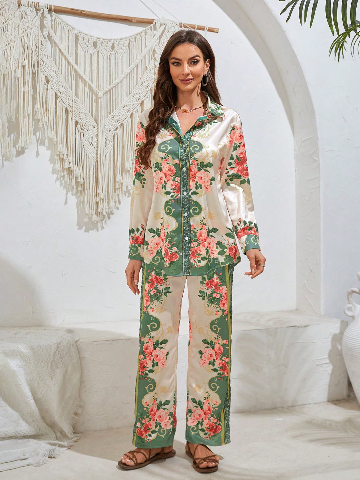 Floral Printed Button-Up Shirt And Pants Set