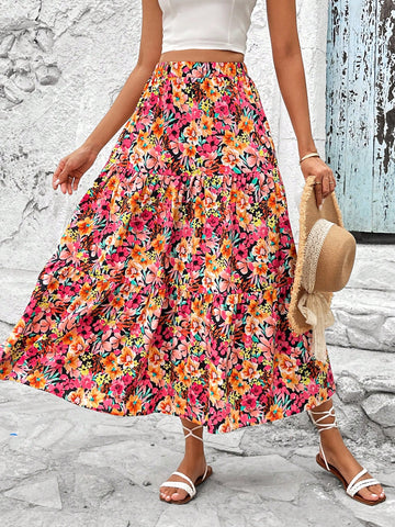 VCAY Floral Printed Elastic Waist Ruffle Hem Asymmetric Skirt