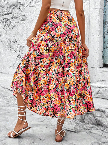 VCAY Floral Printed Elastic Waist Ruffle Hem Asymmetric Skirt