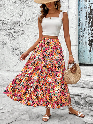 VCAY Floral Printed Elastic Waist Ruffle Hem Asymmetric Skirt