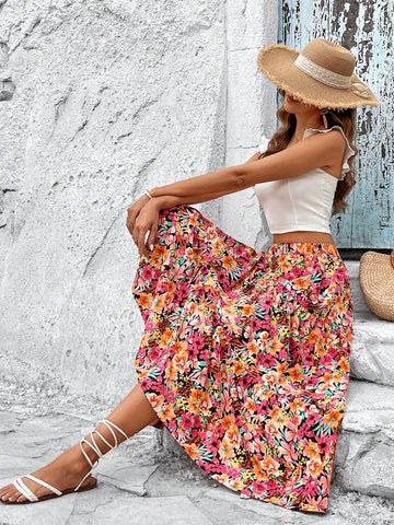 VCAY Floral Printed Elastic Waist Ruffle Hem Asymmetric Skirt