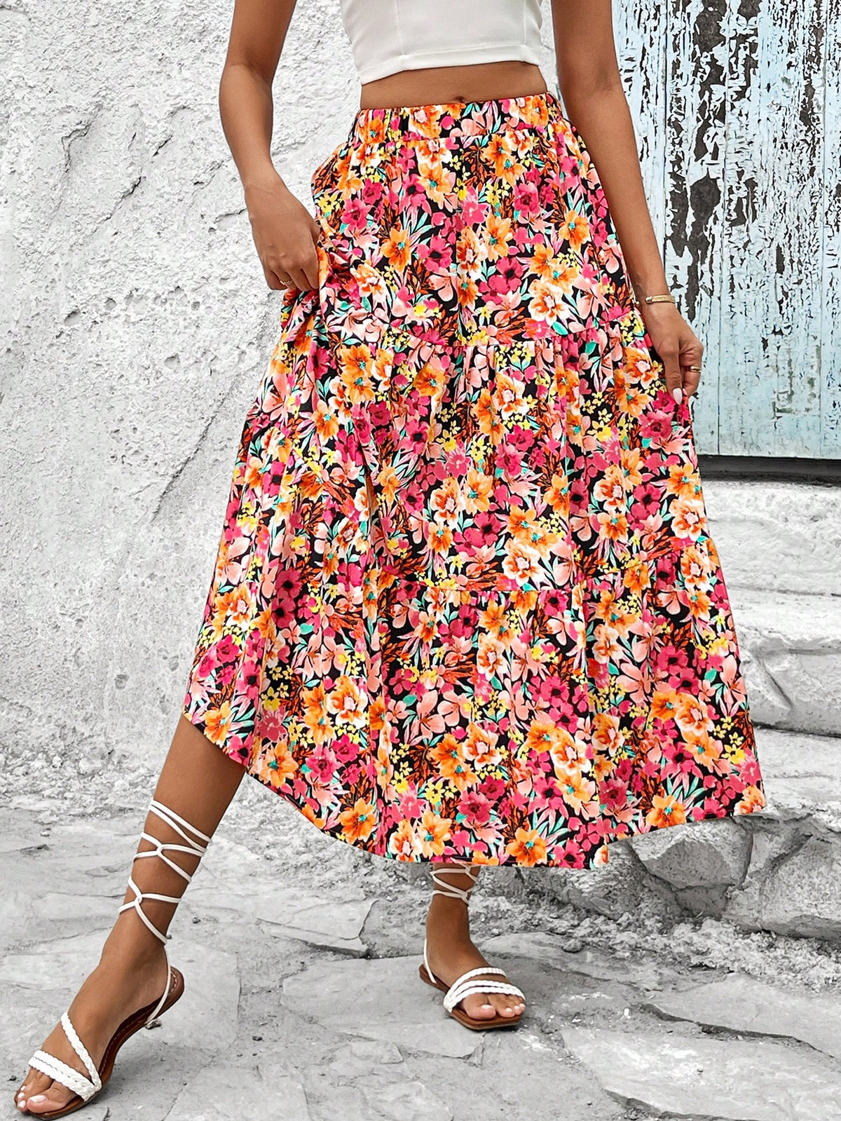 VCAY Floral Printed Elastic Waist Ruffle Hem Asymmetric Skirt