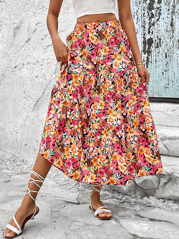 VCAY Floral Printed Elastic Waist Ruffle Hem Asymmetric Skirt