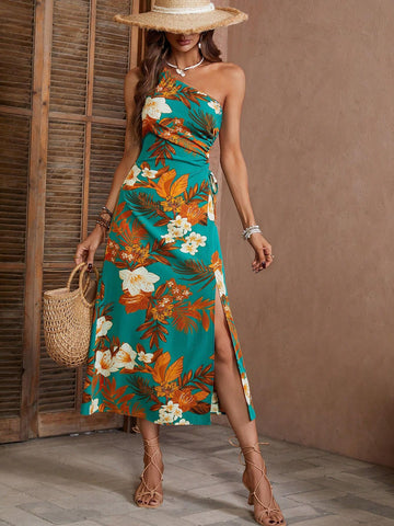 Floral Printed Hollow Out One Shoulder Split Dress