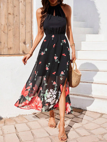Floral Printed Keyhole Neckline Slit Hem Belted Dress