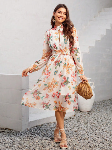 Floral Printed Long Sleeve Women'S Dress