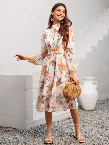 Floral Printed Long Sleeve Women'S Dress