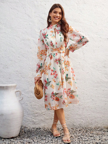Floral Printed Long Sleeve Women'S Dress