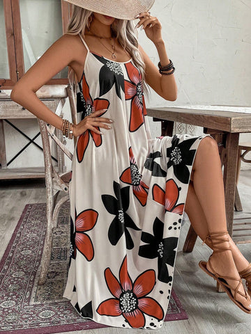 Floral Printed Loose Cami Dress With Irregular Hemline