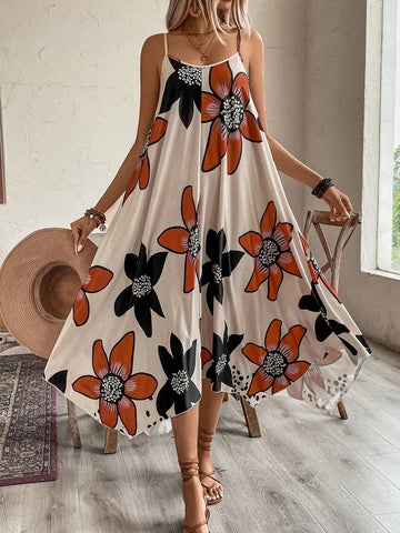 Floral Printed Loose Cami Dress With Irregular Hemline