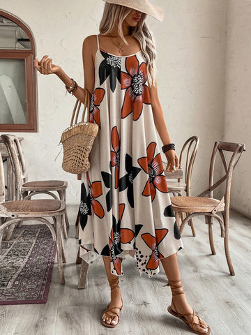 Floral Printed Loose Cami Dress With Irregular Hemline