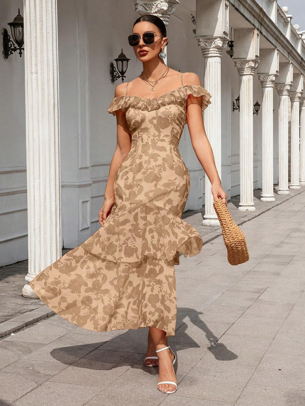 Floral Printed Off-Shoulder Neckline Dress With Ruffle Trim, Mermaid Hemline