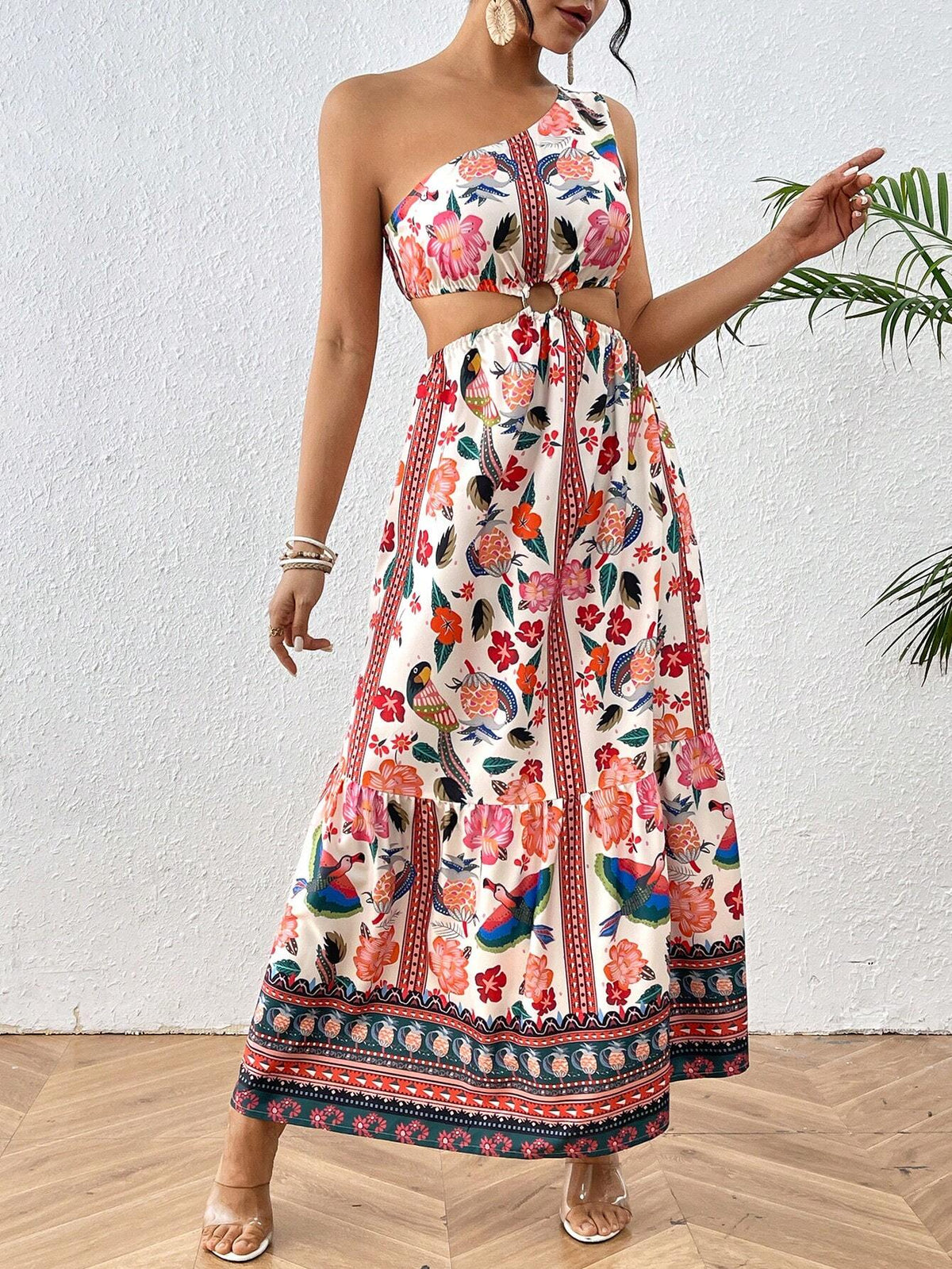 Floral Printed One Shoulder Slit Dress