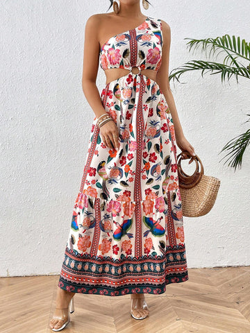 Floral Printed One Shoulder Slit Dress