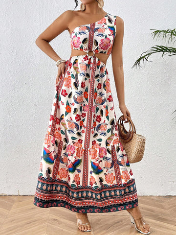 Floral Printed One Shoulder Slit Dress