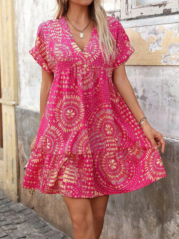 Floral Printed Overlap V-Neck Short Sleeve Dress