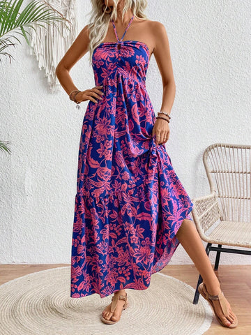 Floral Printed Pleated Halter Summer Dress For Women