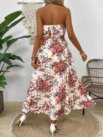 Floral Printed Pleated Strapless Dress