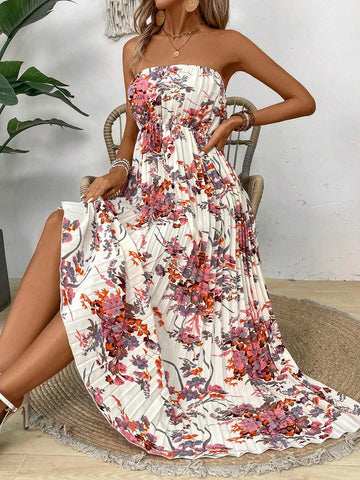 Floral Printed Pleated Strapless Dress