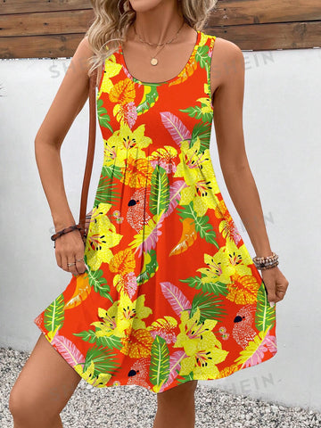Floral Printed Round Neck Sleeveless Dress