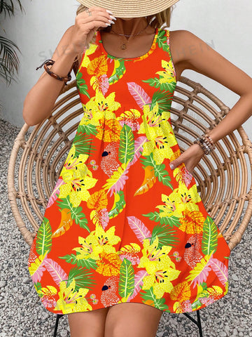 Floral Printed Round Neck Sleeveless Dress