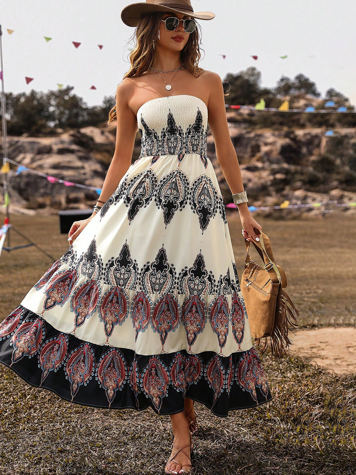 Floral Printed Shirred Strapless Dress