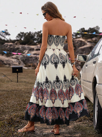 Floral Printed Shirred Strapless Dress