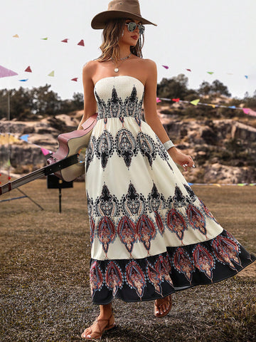 Floral Printed Shirred Strapless Dress