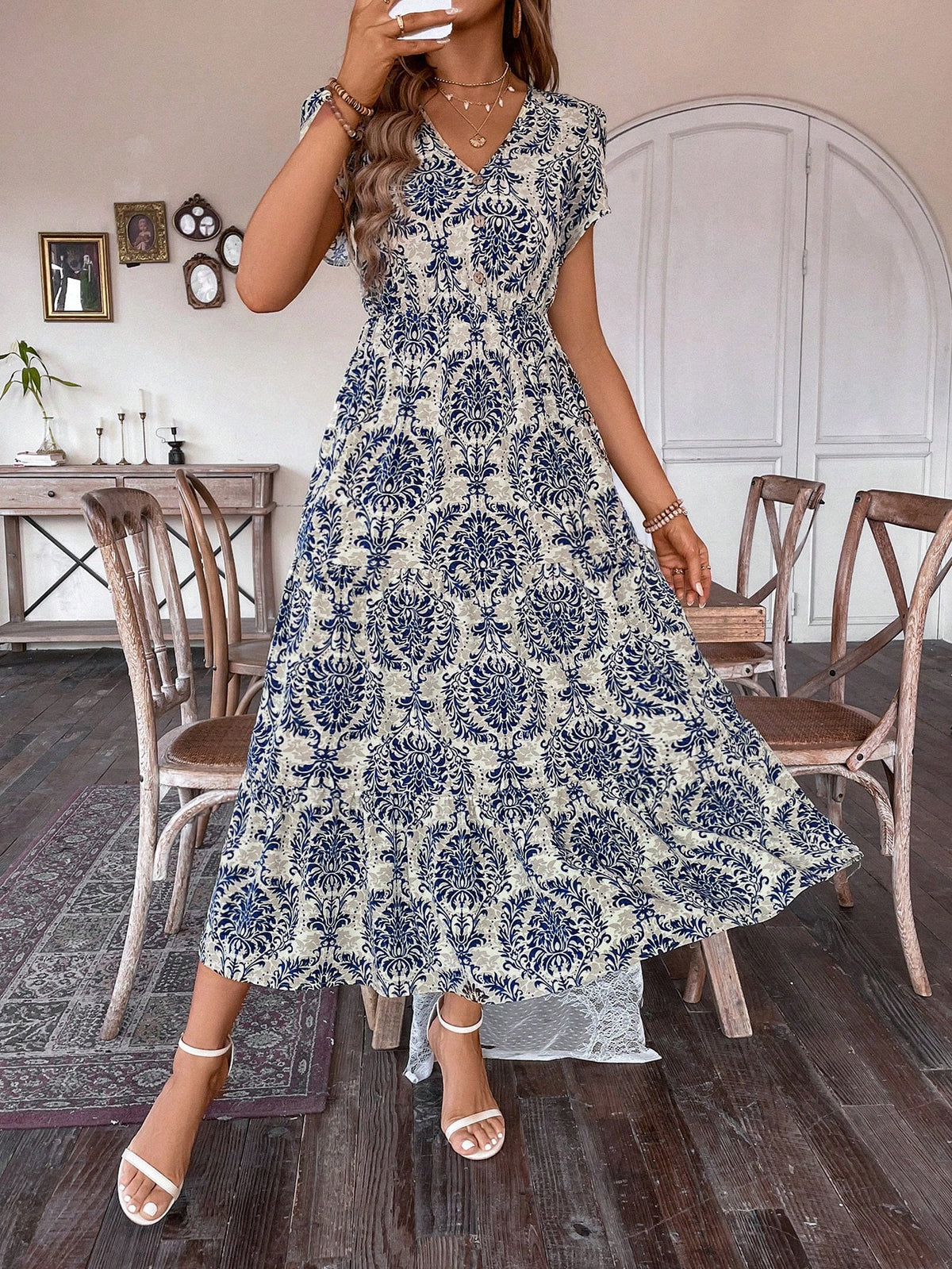 VCAY Floral Printed V-Neck Casual Dress