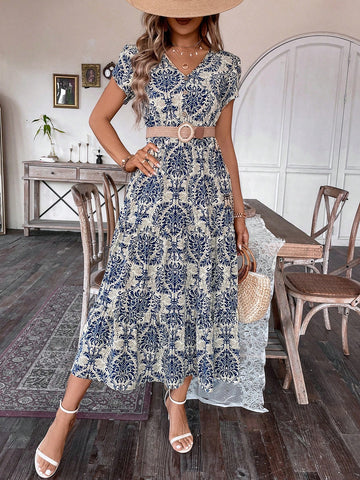 VCAY Floral Printed V-Neck Casual Dress