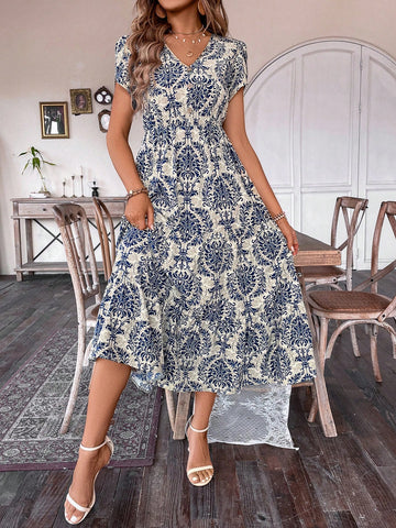 VCAY Floral Printed V-Neck Casual Dress