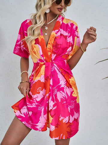 Floral Printed V-Neck Slim Fit Short Sleeve Dress