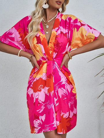 Floral Printed V-Neck Slim Fit Short Sleeve Dress